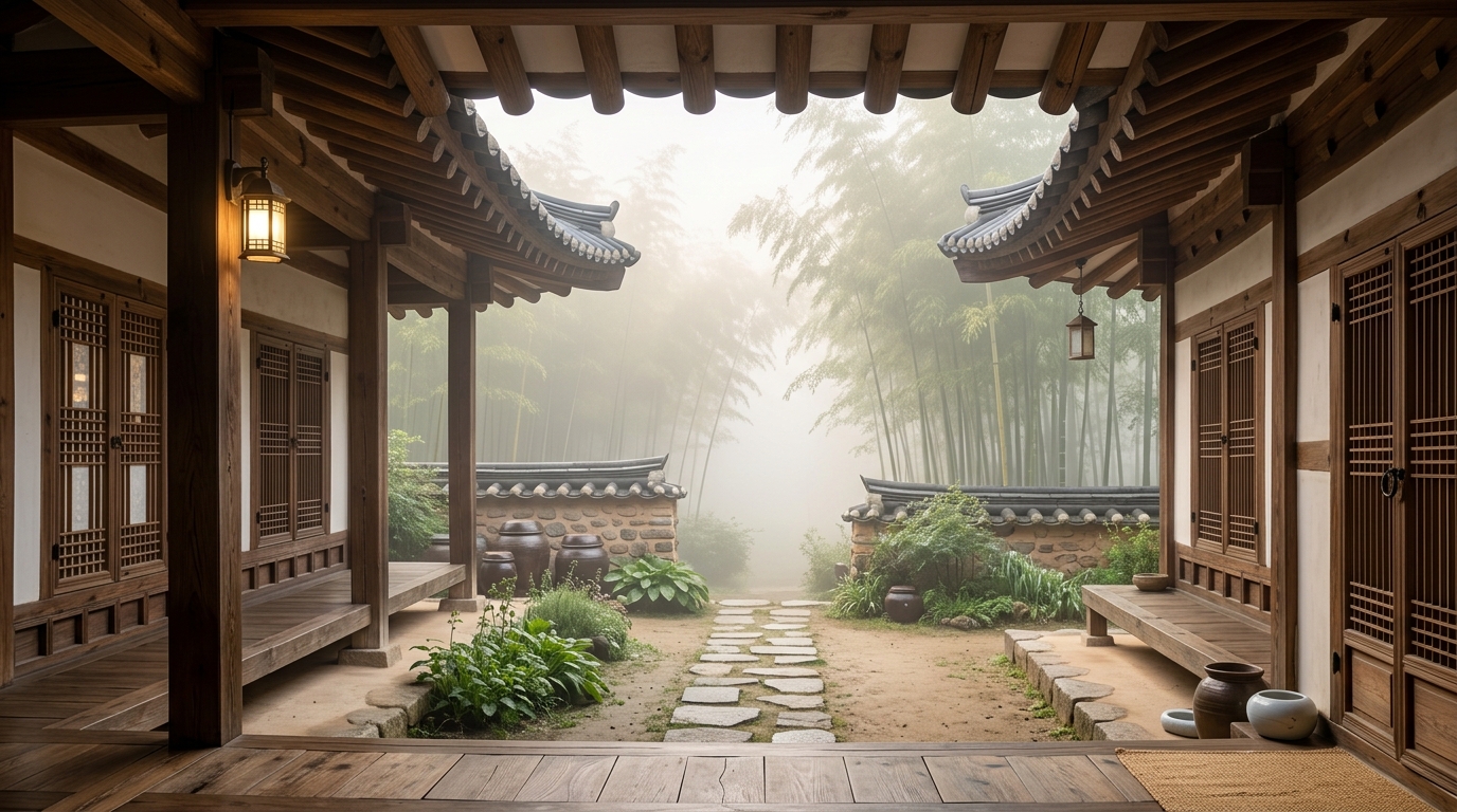 천문사주 전통 한옥 안뜰 배경